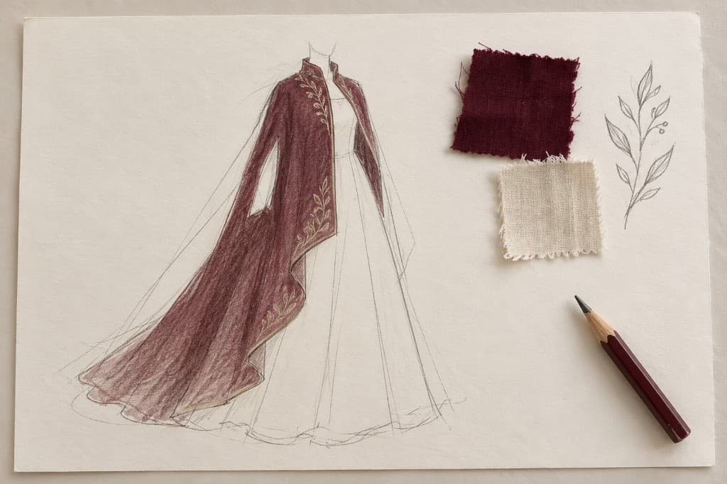A working sketch of a burgundy cloak over an ivory gown, with fabric swatches, a botanical study, and a pencil.