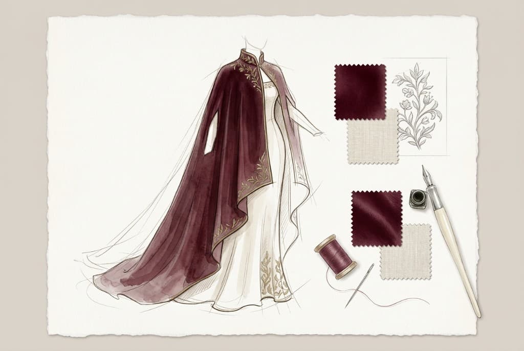 An unfinished cloak and gown study on ivory paper, with burgundy fabric swatches, a botanical drawing, needle, thread, and a dip pen.